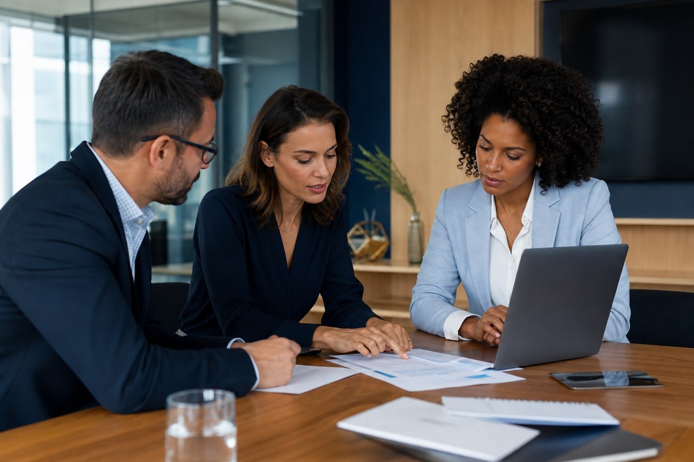 Consultores analisando processos em reunião